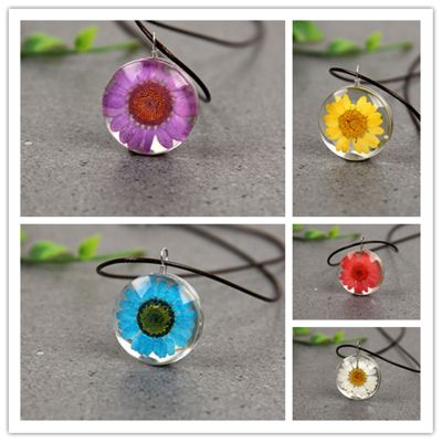Sunflower Dried Flower Specimen Glass Cabochon Leather Rope Chain Pendant Necklace Jewelry For Women Kids Good Luck Charm Gift