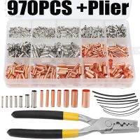 970pcs Copper Connecting Pipe Wire Joint Small Copper Tube Terminal Cable Lug Bootlace Ferrule Kit With Heat Shrink Tube Plier