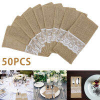 50Pcs Burlap ลูกไม้ช้อนส้อมกระเป๋างานแต่งงานบนโต๊ะอาหาร Party ผู้ถือกระเป๋า Hessian Rustic Jute ตกแต่งอุปกรณ์เสริม