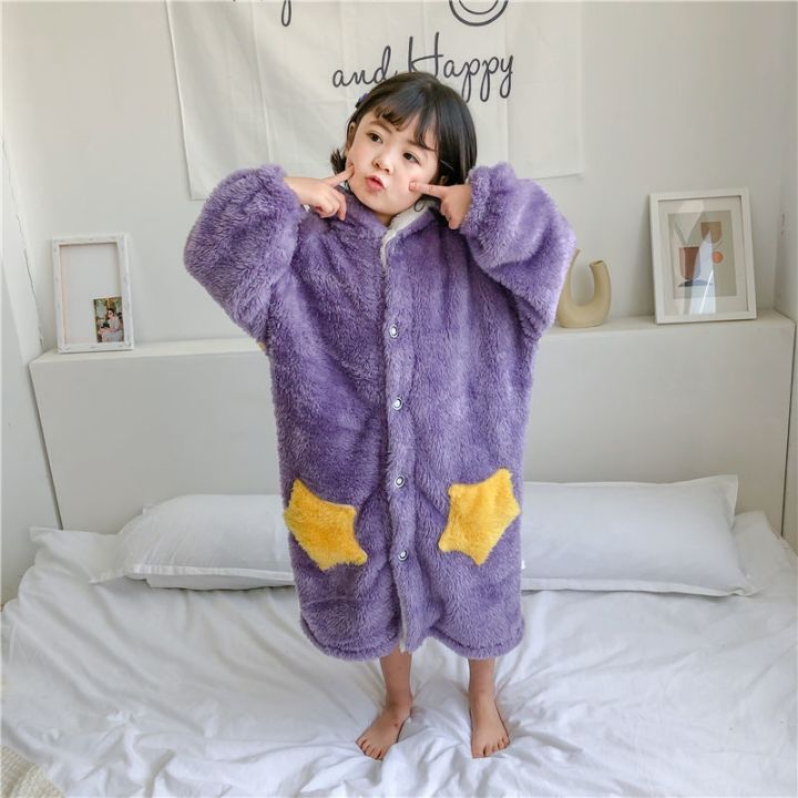 xiaoli-clothing-ใหม่ฤดูใบไม้ร่วง-ฤดูหนาวสวมใส่สบายสำหรับเด็กอายุ2-12สักหลาดเด็กชุดนอนตุ๊กตาดาวเสื้อคลุมอาบน้ำชุดนอน