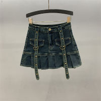 【มีสินค้า พร้อมส่ง】Spring/Autumn Anti Shining Small Spicy Girl Denim Pleated Skirt Short Skirt Womens Bag Hip Slim A-line Half length Skirt