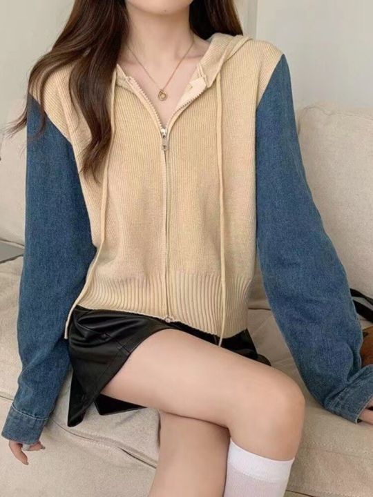 สเวตเตอร์สำหรับผู้หญิงเสื้อถักมีฮู้ดมีซิปเสื้อคาร์ดิแกนอเนกประสงค์สีบีเสื้อโค้ท MODE Korea ฤดูใบไม้ร่วง2023