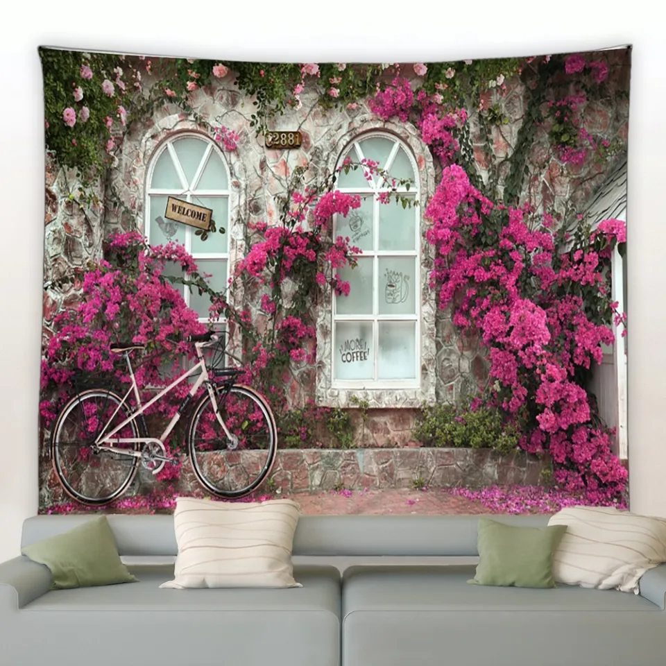 Home Floral Wall Hanging Tapestry Pink Flower Wall Hanging Tapestries  Bohemian Plant Print Boho Decor Aesthetic Room Decor Tapiz