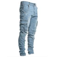 Comfy Jeans Men Comfortable Slim Denim Trousers Black Blue Stretchy Multi Pockets Solid Color Cargo Jeans MMJ0002