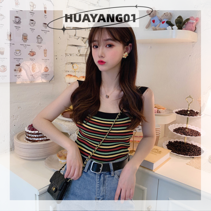 huayang01-2023-new-hot-fashion-lazlook-เสื้อกล้ามถักลายทางวินเทจฤดูร้อนเสื้อกล้ามผู้หญิงแขนกุดหวานเข้ารูป