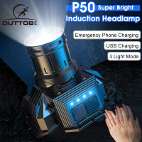 Outtobe ไฟหน้าเหนี่ยวนำไฟหน้า P50ไฟหน้า LED ไฟหน้าหมุนซูมได้ไฟฉายกันน้ำแสงทำงาน USB ชาร์จไฟฉุกเฉินหัวติดตั้งโคมไฟสำหรับกลางแจ้งวิ่งตกปลาเดินป่า