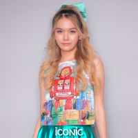 iCONiC GREEN ROBOT CITY PAINTING TOP #5304 เสื้อแขนกุด ผ้าไหม พิมพ์ลาย หุ่นยนต์ อก34" ยาว18" เอว33" เสื้อผญ เสื้อแฟชั่น เสื้อไฮโซ เสื้อผ้าสั้น