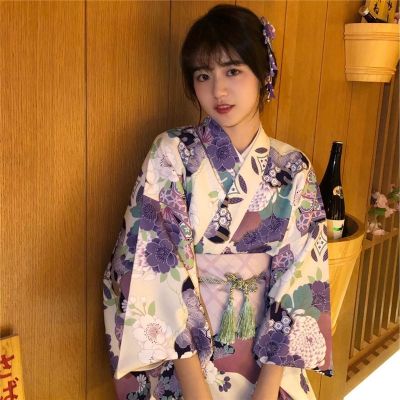 【มาใหม่】ผู้หญิงญี่ปุ่นกิโมโนแบบดั้งเดิมกับโอบิวินเทจฟลอร่าพิมพ์ Haori ยาวเสื้อคลุมอาบน้ำโอเรียนเต็ลยูกาตะเวทีแสดงเครื่องแต่งกายคอสเพลย์