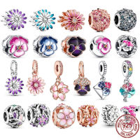 แท้ 925 เงินสเตอร์ลิงสีชมพูสีม่วง &amp; สีฟ้า Daisy ดอกไม้ Charm Bead Fit Pandora สร้อยข้อมือแฟชั่นเครื่องประดับสำหรับผู้หญิง-Naoei