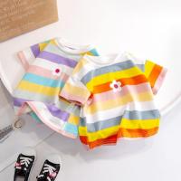 [Ready Stock New Product Promotion] 2-8 Years Old Korean Version Childrens Clothing Summer Style Pure Cotton Girls Small Daisy Rainbow Striped Cute Short-Sleeved T-Shirt Super Girl Baby Round N