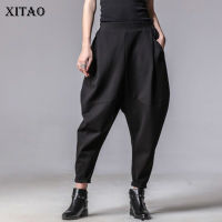 XITAO Pants Black Pocket Pleated Women Harem Pants