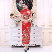 จีนแห่งชาติ Cheongsam ผู้หญิงยาว Dress ดอกไม้แขนสั้นชุดวินเทจ