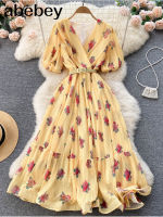 Yellow 2022 Summer Bohemian Women Tie Dye Printed Pleated Long Dress Boho V NeckPuff Sleeve High Waist Draped Maxi Vestido New