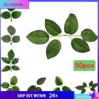 XU HOME 50pcs อุปกรณ์เสริมกุหลาบ ใบกุหลาบเทียม ผ้าไหมสีขาว ลำต้นที่เขียวขจี ใบไม้สีเขียว ของปลอมปลอม ใบกุหลาบไหม ของตกแต่งคริสต์มาส