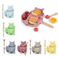 Nordic BPA Free Silicone Non-slip Squirrel Shape Sucker Training Plate Bowl Baby Shower Gift Fork Spoon Feeding Set