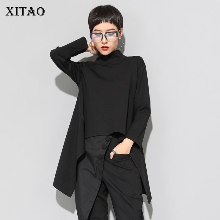 xitao-t-shirt-vintage-black-irregular-women-t-shirt-top