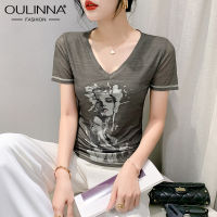 OULINNA เสื้อยืดแฟชั่นสไตล์ตะวันตกทรงเข้ารูปแขนสั้นพิมพ์ลายดอกไม้ฤดูร้อนแฟชั่น2023สินค้ายุโรปเข้ารูปพอดี