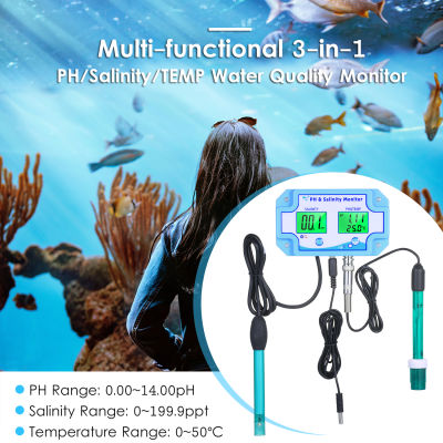 3-in-1 PH/Salinity/TEMP Water Quality Monitor Multi-functional pH &amp; Salinity Monitor Temperature Meter Dual LCD Display with Green Backlight