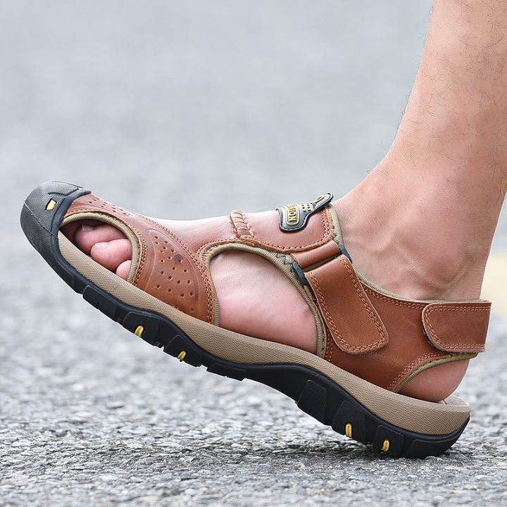 รองเท้าแตะ-รองเท้าหนัง-ระบายอากาศ-สามารถปรับได้-เหมาะกับเดินชายหาดกลางแจ้ง-แฟชั่นฤดูร้อน-สําหรับผู้ชาย