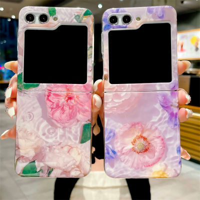 Phone Case เคส Samsung Galaxy Z Flip5 Flip4 Flip3 5G เคสเคสโทรศัพท์สีชมพูม่วงสดภาพดอกไม้สีน้ำมันบลูเรย์ Samsung ZFlip5 5G นุ่มฝาหลัง2023