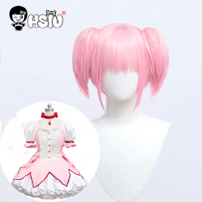 Kaname Madoka คอสเพลย์วิกผมเครื่องแต่งกายไฟเบอร์สังเคราะห์วิกผมอะนิเมะ puella magoka Magica คอสเพลย์「 hsiu」คู่ ytail ผมสั้น