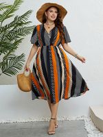 【HOT】⊕♧☍ 3XL 4XL Size Dresses Short Sleeve V Neck Ladies Stripes