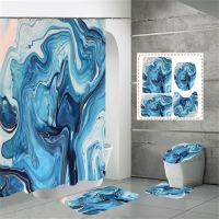 Blue Marble Shower Curtain Water Ripples Waterproof Fabric Bathroom Set With 3 Pieces Toilet Mats Set Anti slip Bath Floor Rugs