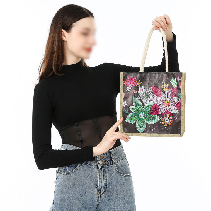 กระเป๋ารูปภาพพลอยเทียม5d-ลายดอกไม้ที่สวยงามสำหรับเด็กกระเป๋าเก็บของพลอยเทียมงานฝีมือแบบทำมือ