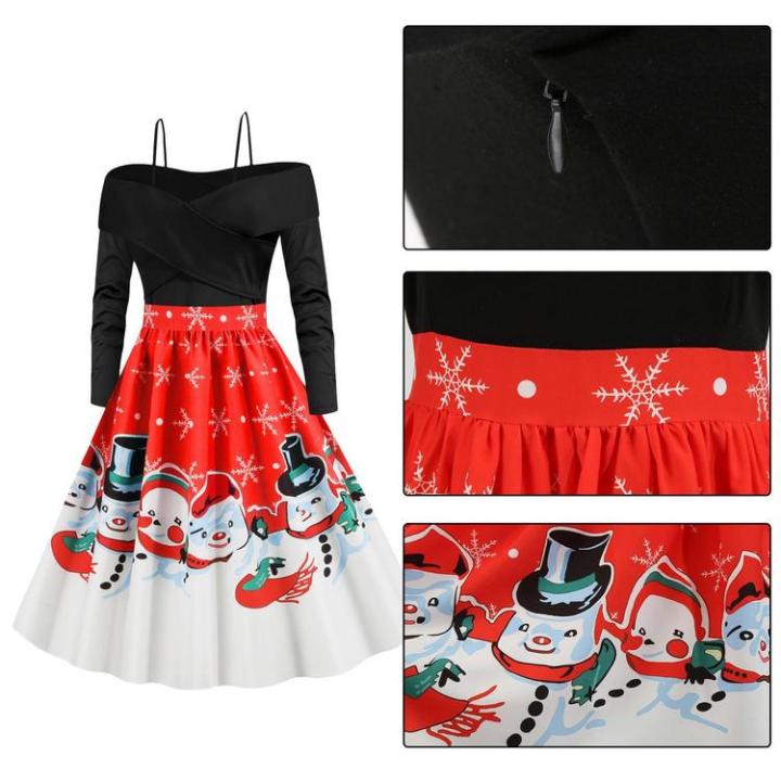 christmas-print-dresses-for-women-long-sleeve-christmas-swing-dress-vintage-long-sleeve-snowman-snowflake-santa-clause-printed-dress-effectual