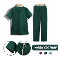 ผู้หญิง Workwear แขนสั้นคอวีท็อปส์กางเกงพยาบาลเครื่องแบบร้านเสริมสวยเสื้อผ้าทำงานหลวมขัดพยาบาลชุดเครื่องแบบ