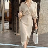 ❡ 2022 New Summer Autunm Women Shirt Dress High Waist Vintage Lace Up Single Breasted Elegant Minimalist Style Long Dress DR2226A