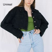 ZZOOI Unireal 2022 Autumn New Streetwear Women Jeans Jackets Coats Black Casual Outwear Ripped Cropped Denim Jacket