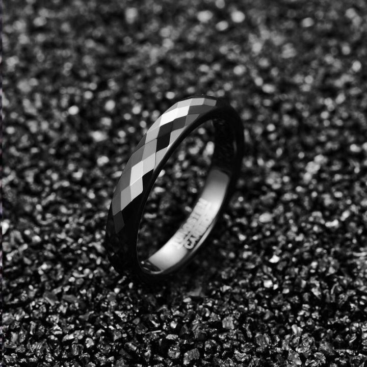 แหวนแต่งงานทรงสี่เหลี่ยมขนมเปียกปูนขัดเงาสีดำแหวนแร่ทังสเตนทังสเตนขนาด4มม-คุณภาพทังสเตนสะดวกสบายพอดีแหวนเหล็ก