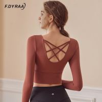 【CW】 F.DYRAA Women Yoga Shirts Back Crossover Long Sleeve Crop Tops Fitness Running Sports T-shirts Female Tight Workout Clothes