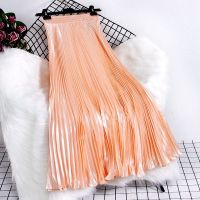 Womens Vintage Pleated Chic High Waist Midi Calf A-line Metallic Satiin Fishtail Long Swing Skirt