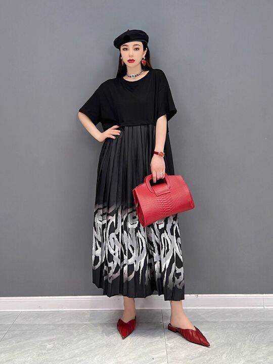 xitao-dress-loose-short-sleeve-pleated-print-dress