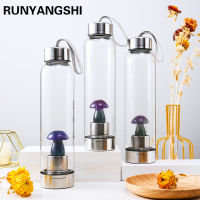 New Product Natural Gemstone Glass Water Bottle Fluorite Mushroom Crystal Direct Drinking Cup With Removable Natural Center