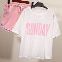 Girls Pajamas Set Fashion SUNDAY Print Casual Patchwork Sleepwear Short Sleeve T-shirt &amp; Drawstring Shorts Home Suit for Women