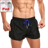 HOT★Push Up Pad Mens ว่ายน้ำกางเกงขาสั้นสำหรับชายชุดว่ายน้ำกางเกงว่ายน้ำชายหาดกางเกงชุดว่ายน้ำ Bermuda Surf Desmiit Badeshorts กางเกง