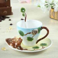 3D Squirrel Hand-painted Enamel Coffee Cup And Saucer Spoon Set Creative Cup Couples Of Coffee Tea Cup Gift Animal Drinkware