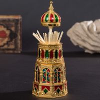 Automatic Toothpick Box Alloy Vintage Embossed Mosque Style Organizer Holder Toothpick Dispenser Box Home Desktop Decoration