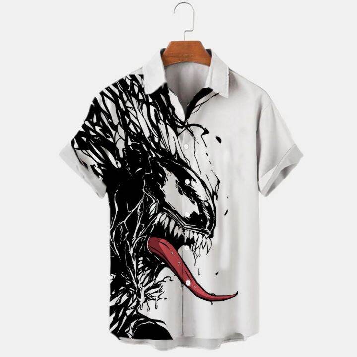 เสื้อยืดพิมพ์ลายดิจิทัลแนวฮาวายสำหรับผู้ชาย-เสื้อมีกระดุมพิมพ์ลายดิจิทัลแนวสยองขวัญชายหาดแนวฮาวายลำลองทรงหลวมเสื้อเชิ้ตฤดูร้อน