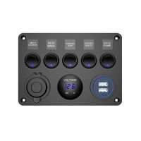 5 Gang Switch Panel Marine Boat Rocker ON-OFF LED Voltage Display+5V 2.1A USB Charger+Cigarette Lighter For Truck Boat Car