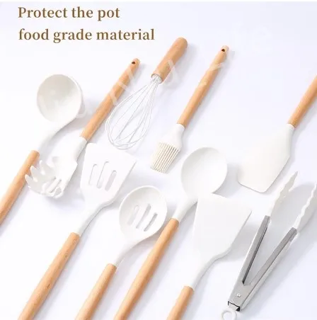 Karangred 12Pcs Silicone Cooking Kitchen Utensils Set with Holder,Wooden  Handles Cooking Tool,BPA Free,Non Toxic Turner Tongs Spatula Spoon Kitchen