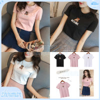 ZM*พร้อมส่ง*เสื้อยืดคอกลม เสื้อยืดสกรีนลายพี่หมี เสื้อยืดผู้หญิงคกลมแขนสั้น ลายหมี เสื้อแฟชั่น ทรงสลิมฟิต รูปแบบการปัก มี 3 สี