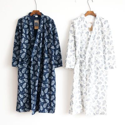 2021 Summer Mens Robe 100 Cotton Gauze Leaf Loose Comfortable Leaves Kimono Robes Home Clothing Nightly Long Bathrobes