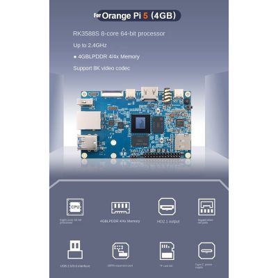 For Orange Pi 5 Rockchip RK3588S 8-Core 64 Bit 4GB LPDDR4/4X WiFi+BT5.0 Programming Development Board