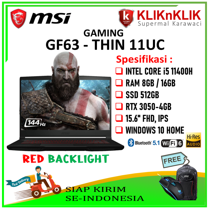 LAPTOP GAMING MSI GF63 THIN 11UC RTX 3050 INTEL CORE I5 11400H 8GB