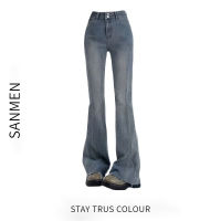 SANMEN ยีนส์ กางเกงยีนส์บูทคัทกระดุมสองแถวย้อนยุค กางเกงขายาวทรงบานเอวสูง กางเกงขายาวทรงเข้ารูป