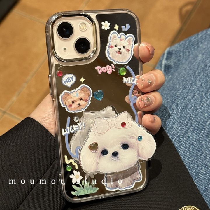 huiwanju-เคสโทรศัพท์มือถือผู้หญิง-แบบกระจก-กิ๊บติดผม-ลายลูกสุนัข-สําหรับ-ip14-ip13-12promax